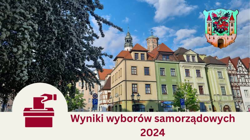 kolorowe kamieniczki, pod spodem napis "Wyniki wyborów samorządowych 2024"